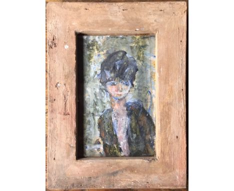 ROBERT SADLER (1909-2001) British, Portrait of a Girl Dressed in Green, oil on board, signed with initials, framed. 9 x 14 cm