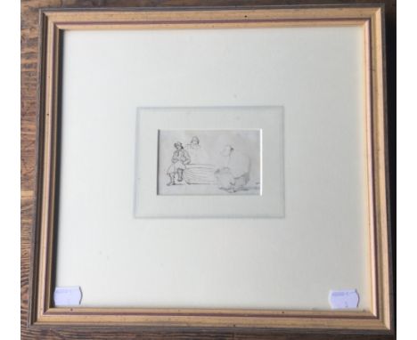 A 19th century pencil sketch, Fisherman and Woman by a Boat, framed and glazed. 9.5 x 6 cm.