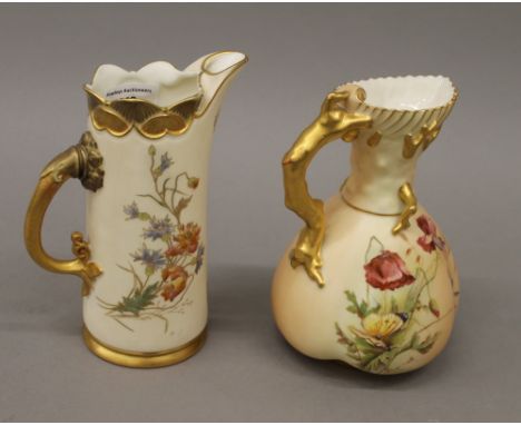 Two Royal Worcester blush ivory jugs. The largest 18.5 cm high.