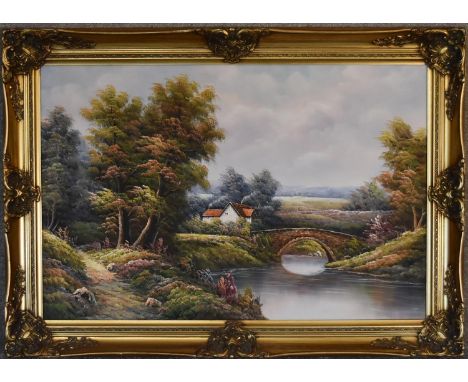 A gilt framed oil on canvas, river scene, signed K. Roberto, H.76 x 105cm 