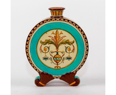 Hand painted two sided vase-like flask with mountains and castle.One side with castle, one with classic panel of a stylized v