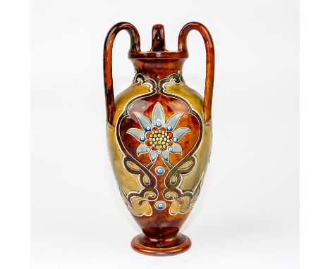 Unusual vase with lid, high relief, art nouveau style.Impressed with initals BP on base and Royal Doulton mark impressed.  Is
