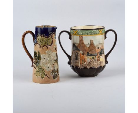 Antique Slaters-patent Doulton Lambeth pitcher and Pottery from the Past loving cup.Jug marked POTTERY IN THE PAST, D6696, an