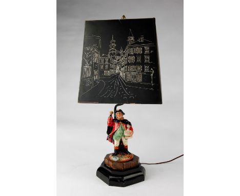 Custom octagonal ceramic base modeled as a cobbled square with electrical fixture.A Royal Doulton figurine, Town Crier, intro