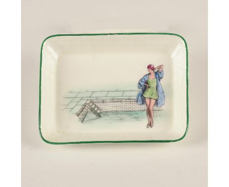 Transfer print in colors of light green, blue and aqua.A beautiful Art Deco Doulton Burslem earthenware advertising dish or t