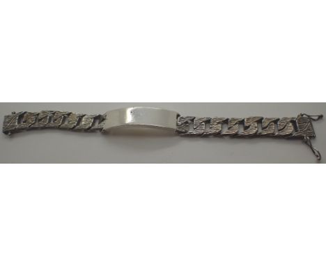 Sterling silver vintage 1978 fancy bark effect gents solid ID bracelet with unusual clasp and fully hallmarked CONDITION REPO