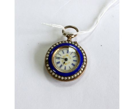 A 19TH CENTURY SILVER AND BLUE GUILLOCHE ENAMEL AND SIMULATED PEARL LADIES POCKET WATCH 3cm across 