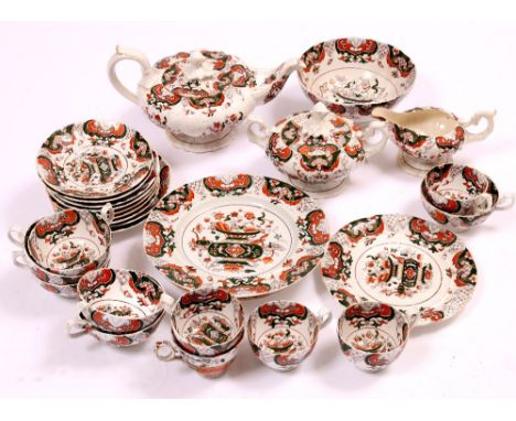 A 19TH CENTURY MASONS IRONSTONE STYLE PART TEA AND COFFEE SERVICE with coffee pot, slop bowl, sugar basin and cover, cups, sa