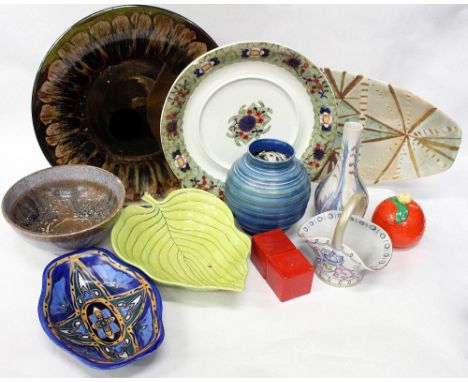 A SMALL COLLECTION OF STUDIO POTTERY to include Poole pottery, Carlton ware, Charlotte Reid basket etc.,