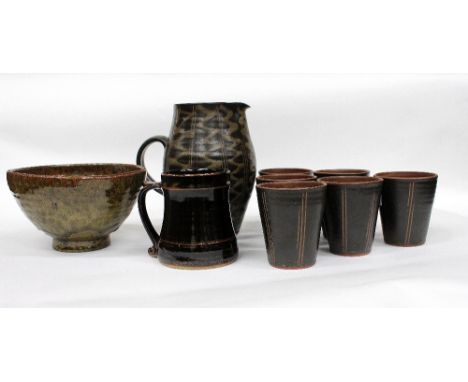 A DAVID LEACH YELLAND POTTERY LEMONADE SET consisting of a jug and six tumblers, a St Ives tankard and one other studio potte
