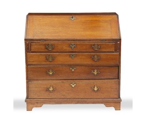 A LATE 18TH / EARLY 19TH CENTURY BUREAU with a fall front above four graduating drawers, standing on bracket feet 99cm x 98cm