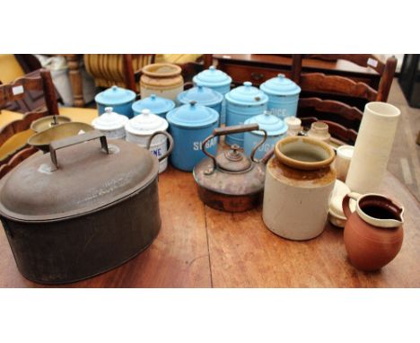A SELECTION OF VINTAGE BLUE ENAMEL STORAGE JARS of varying styles and sizes and a selection of kitchen bygones and kitchenali
