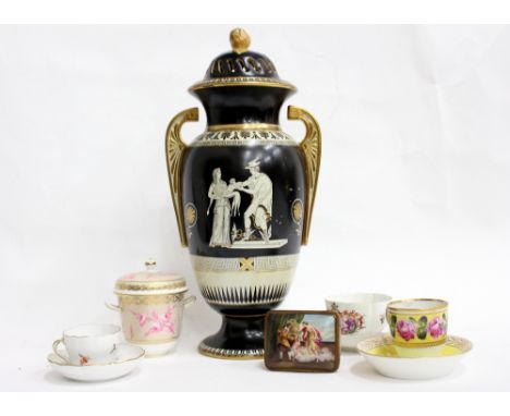 A WEDGWOOD STYLE TWIN HANDLED VASE with repaired lid, a Meissen tea bowl and saucer (AF), a Continental 19th Century ceramic 