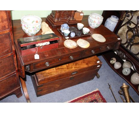 A 19TH CENTURY MAHOGANY LINE INLAID SOFA TABLE on turned stretcher, terminating in brass casters, 168cm x 73cm x 61cm