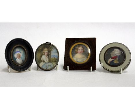 A 19TH CENTURY MINIATURE PORTRAIT  of a young girl, painted on ivory 6cm x 5cm, three further miniature pictures (4)