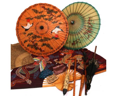 A GROUP OF VINTAGE PARASOLS  and a gold work embroidered cloth