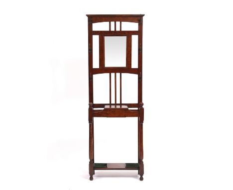 AN EARLY 20TH CENTURY OAK FLORAL HAT / COAT STAND  with two enamel drip pans 61cm x 183cm x 26.5cm 