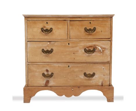 A PINE CHEST OF TWO SHORT AND TWO LONG DRAWERS with brass handles and raised on bracket feet, 82cm wide x 44cm deep x 80cm hi