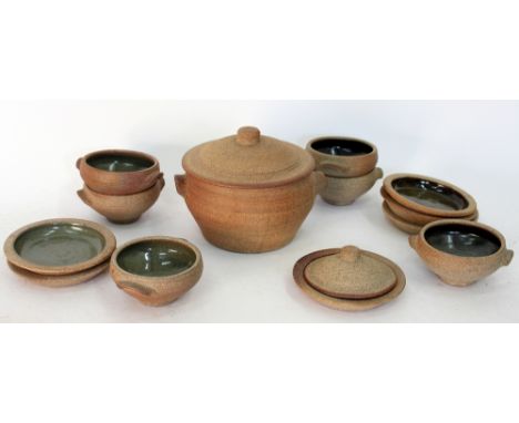 A ST IVES STUDIO POTTERY SOUP TUREEN SET to include one large tureen , six small bowls and covers and saucers, purchased in 1