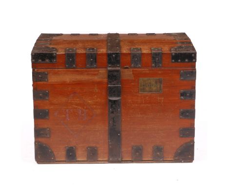 A LATE VICTORIAN ARMY AND NAVY O.S.I. MAKERS TEAK SILVER CHEST with iron mounts, 81cm wide x 52cm deep x 58cm high
