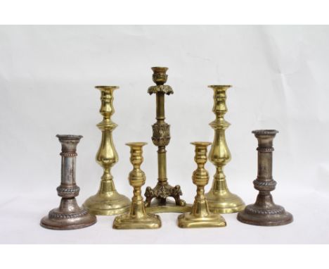 THREE PAIRS OF VARIOUS CANDLESTICKS together with a further candlestick, later converted for use as a table lamp (7)