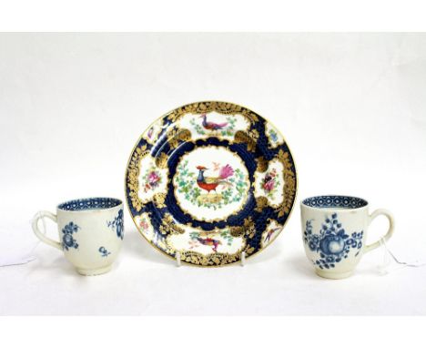 A 19TH CENTURY KAKEIMON ROYAL WORCESTER PLATE decorated with pheasants and fanciful birds and two blue and white teacups with