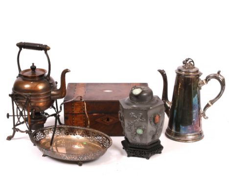 A 19TH CENTURY ORIENTAL PEWTER TEA CADDY of hexagonal form with inlaid hardstone decoration, a copper kettle and stand, a sma
