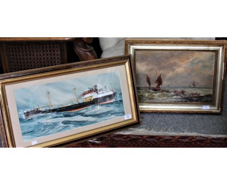CLAVERO SEBASTIAN  'Spring Tide', watercolour, signed and dated 1952, 22cm x 51cm together with a late 19th century seascape 