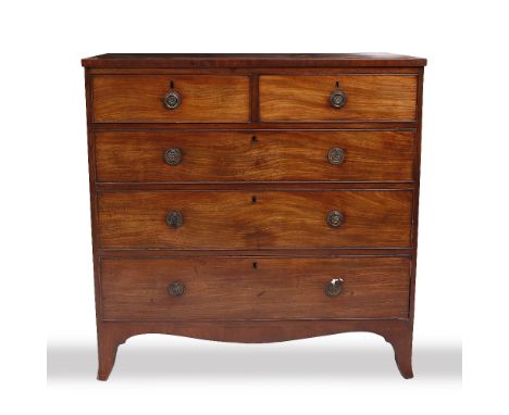 A VICTORIAN MAHOGANY CHEST OF TWO SHORT AND THREE LONG DRAWERS with brass ring handles and splayed bracket feet, 105cm wide x