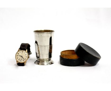 A VINTAGE GENTLEMAN'S SMITHS WRIST WATCH and a cased silver plated collapsing measure (2)