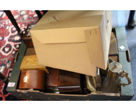 MISCELLANEOUS ITEMS TO INCLUDE a Dunn &amp; Co top hat, an etched glass claret jug, a tea caddy etc