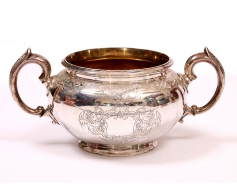 A SCOTTISH SILVER SUGAR BASIN with two looping handles, makers mark of Crighton, 13.5cm diameter and approximately 353 grams 