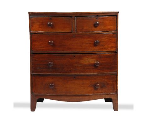 A VICTORIAN MAHOGANY BOW FRONT CHEST OF TWO SHORT AND THREE LONG DRAWERS  with turned knob handles and bracket feet, 102cm wi