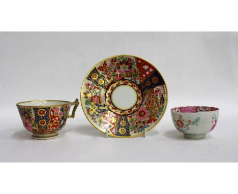 AN 18TH CENTURY WORCESTER TEA BOWL  decorated with figures and vases of flowers and a Flight and Barr & Barr tea cup and sauc