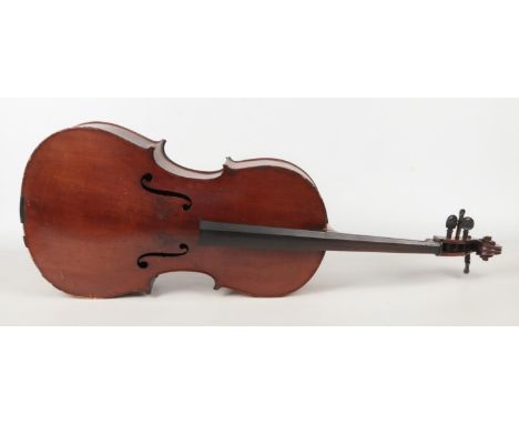 A cello, probably 19th century. Spurious label for Antonius Stradivarius, 76.5cm.  Break where the neck joins the body. Repai