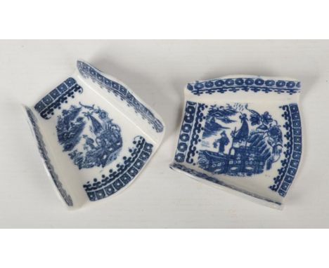 Two Caughley asparagus servers printed in underglaze blue with the Fisherman and Cormorant pattern, one unusually printed hor