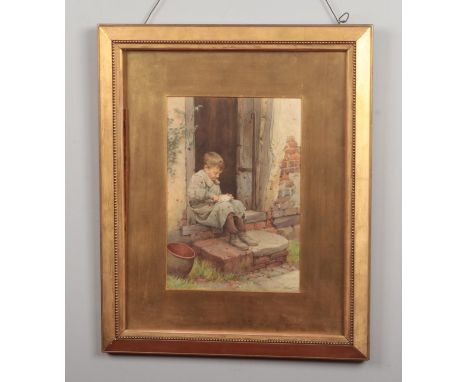 Charles Edward Wilson (1845-1941) gilt framed watercolour. Portrait of a young boy seated on a step with a bowl in his lap. S