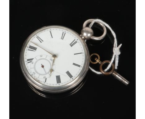 A Victorian silver fusee pocket watch and key. With enamel dial and subsidiary seconds. Assayed Chester 1893.  Some cracks to