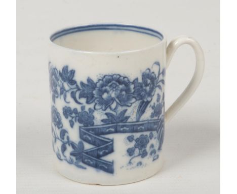 A Caughley coffee cup with grooved loop handle. Printed in underglaze blue with the Fence pattern. C mark c.1780, 6.25cm.  Go
