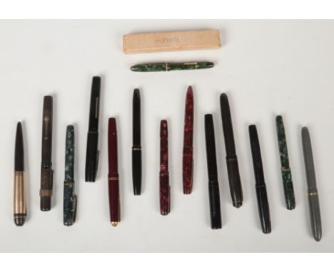 Fourteen vintage fountain pens, all with 14 carat gold nibs. Including a boxed Conway Stuart Dinkie 550, Watermans and Blackb