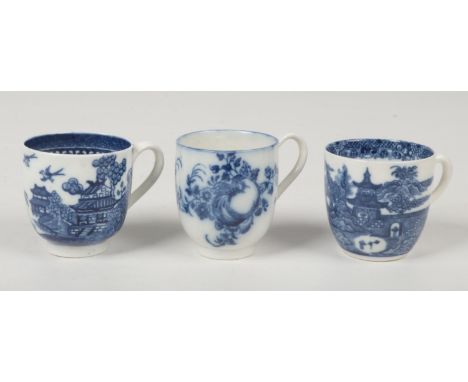 Three Caughley coffee cups printed in underglaze blue. Decorated with the Temple, Willow Nanking and Apple and Damsons patter
