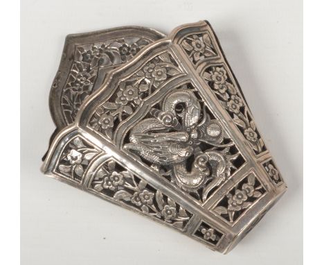 A Chinese silver openwork scabbard mount. Decorated with two dragons chasing flaming pearls on a ground of prunus blossom, 50