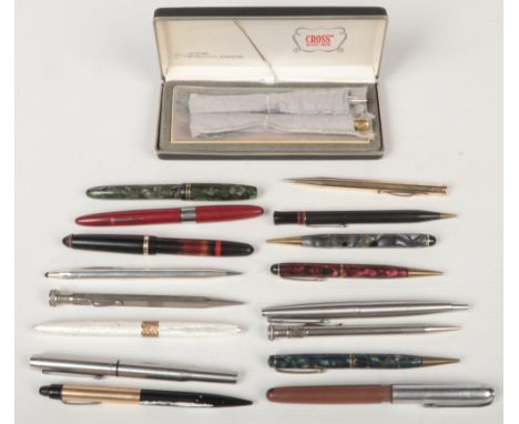 Eighteen vintage fountain pens / propelling pencils. Including cased Cross set, Sheaffer, rolled gold yard o lead, Parker and