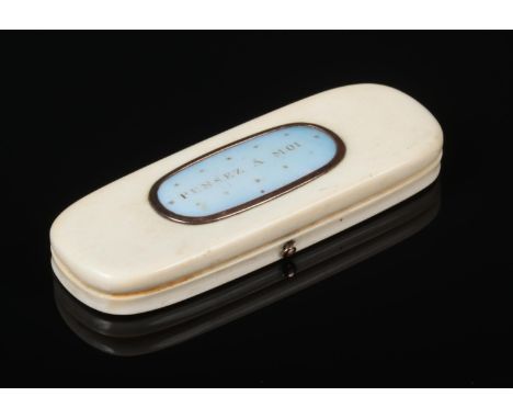 A Georgian ivory toothpick case with gold mounts. With moonstone effect panel to the cover inscribed pensez a moi (think of m