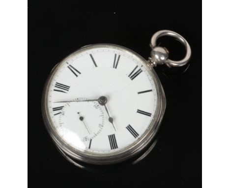 A Victorian silver fusee pocket watch. With enamel dial and subsidiary seconds. Assayed London 1859.  Not running. Case worn.