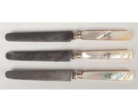 Three French tea knives with mother of pearl handles. Inscribed with a Ducal coronet, Chateau de Chaumont.  