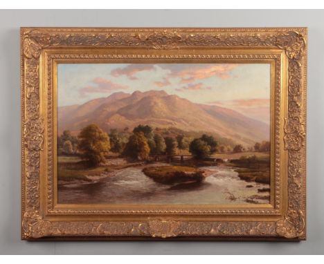 Edward Henry Holder (1847-1922) gilt framed oil on canvas. Mountainous landscape with a river, figures and cattle in the fore