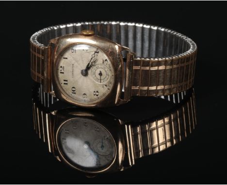 A George V 9 carat gold cased gentleman's manual Elkington wristwatch on gold plated expanding strap. With engine turned engr