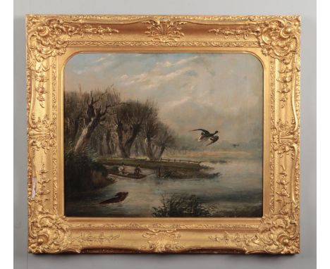 A 19th century Dutch school gilt framed oil on canvas. River landscape duck hunting scene, 49cm x 59cm.  Craquelure. Some pat