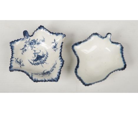Two Caughley leaf moulded pickle dishes with serrated rims. One early example largely undecorated save for an edged border in